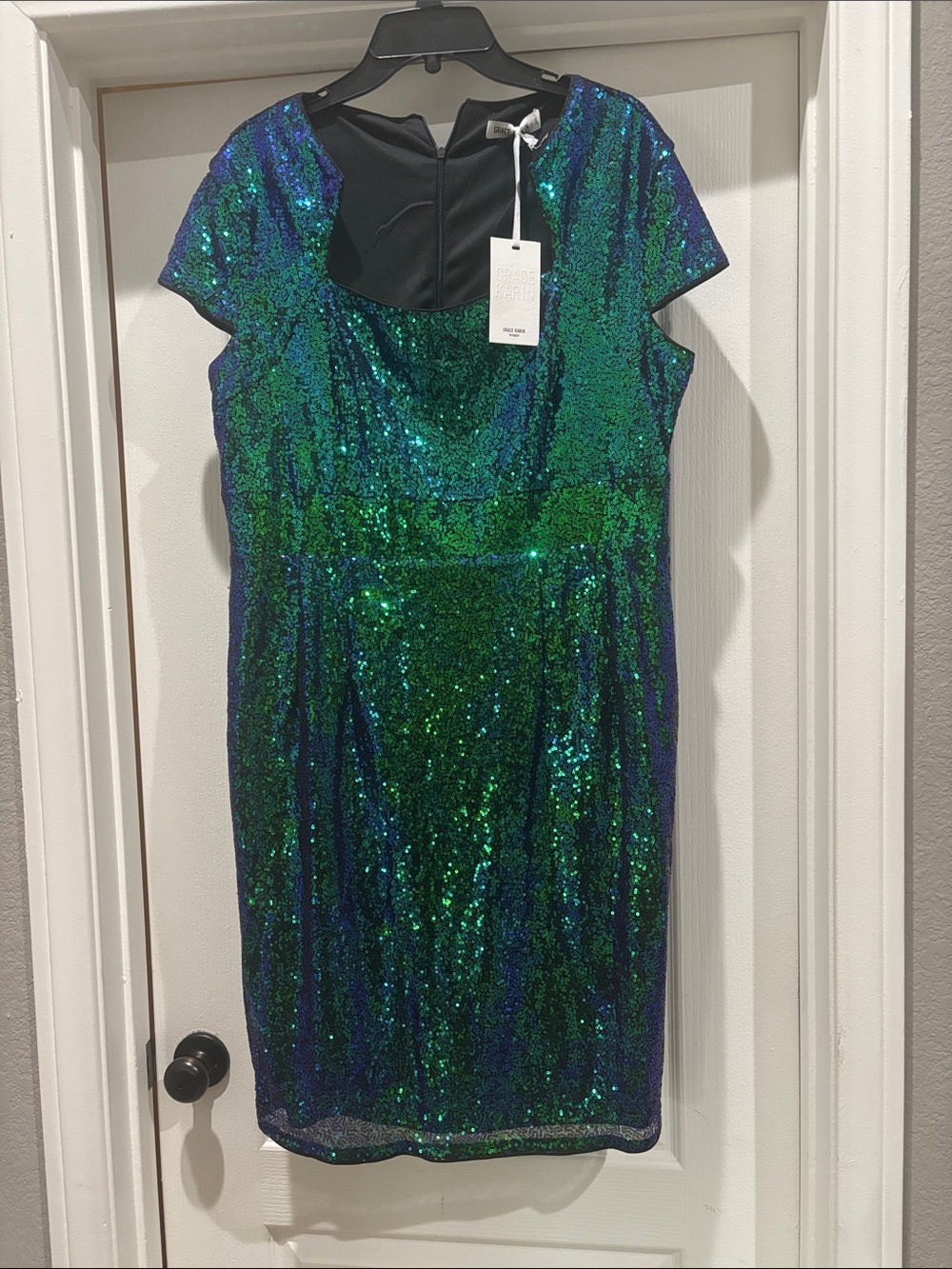 Grace Karin Iridescent Green-Blue Sequin Midi Dress